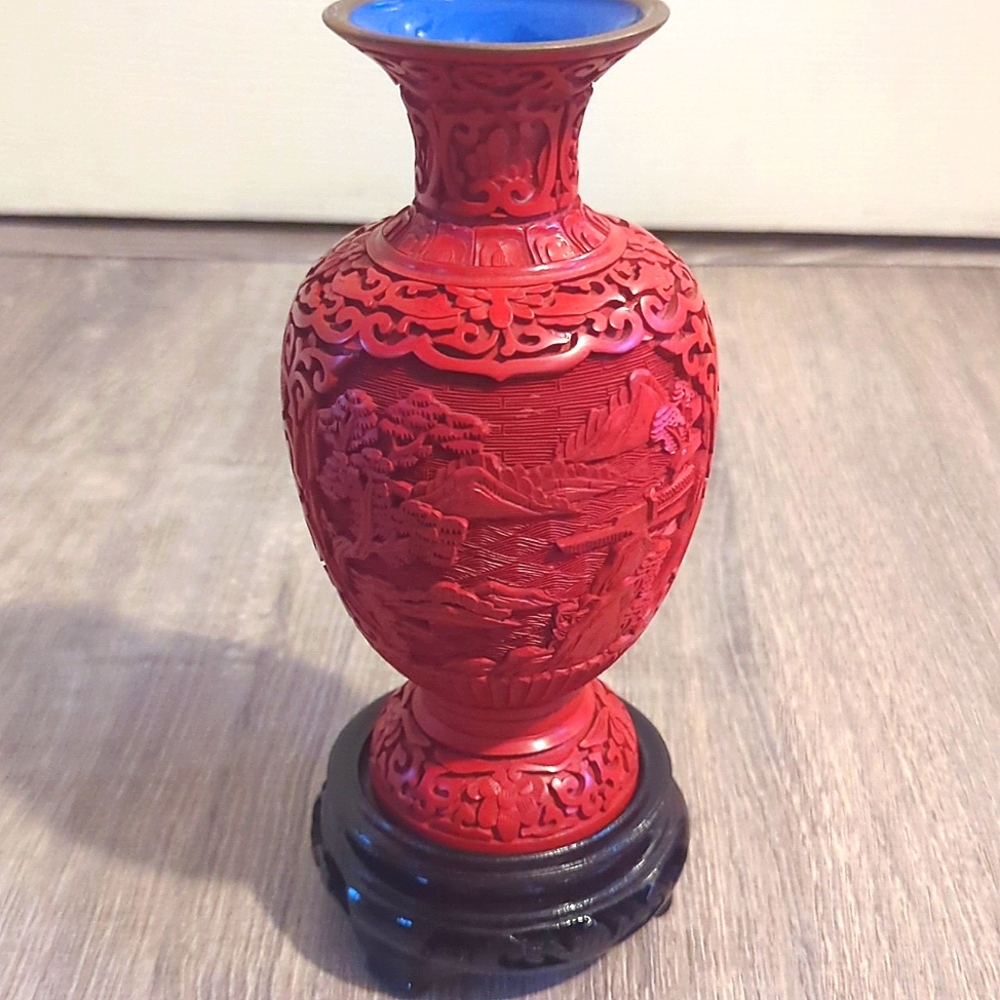 Vintage Chinese Cinnabar Carved Vase with Stand